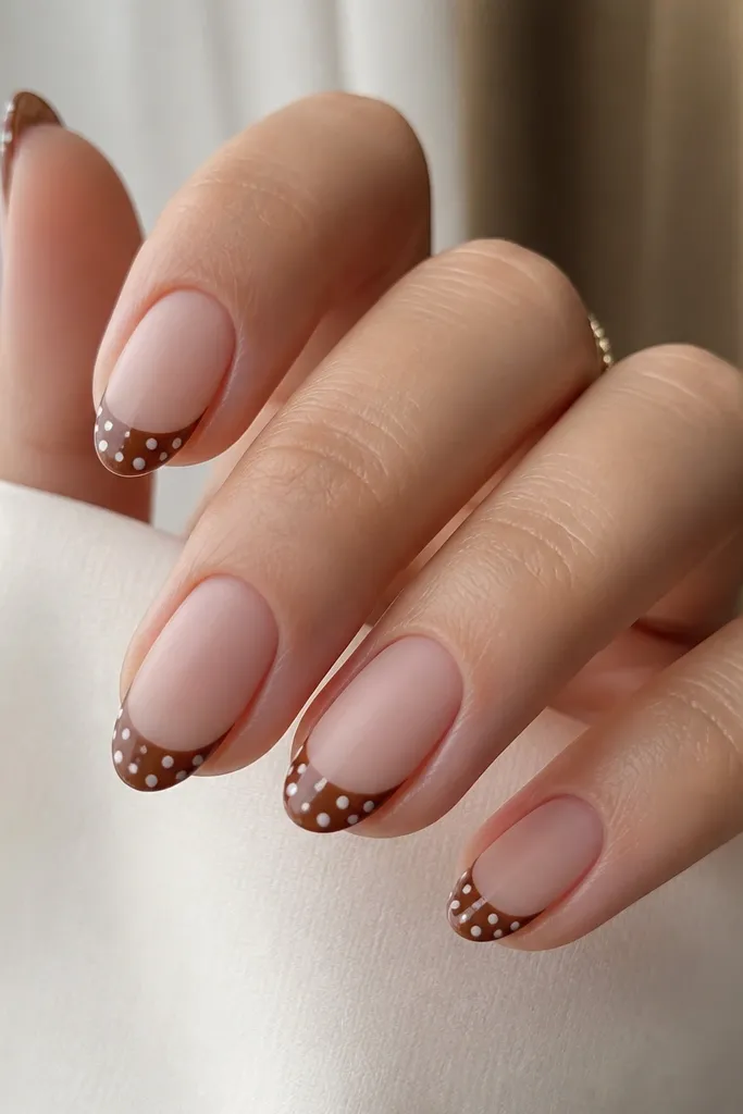 The nail beds are matte sheer nude. The tips are glossy brown French. Polka dots sit on the glossy tip - small, evenly spaced circles - and the glossy top coat makes the dots shine against the matte base.