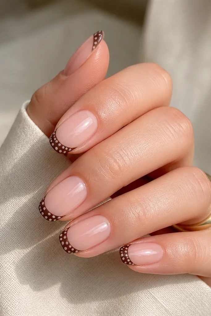 Sheer pink base with glossy brown French tips. Over the tips are white micro dots. Each dot has a faint brown outline, so the dots look like tiny outlined stickers.