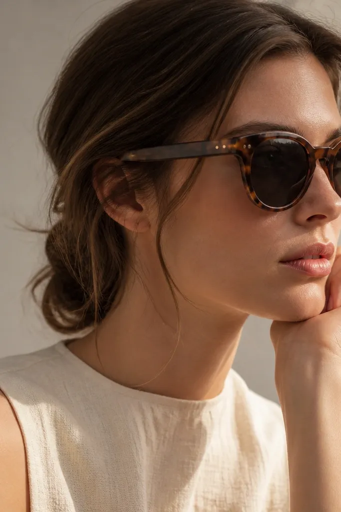 The tips have a tortoiseshell effect: layered browns and caramel streaks. Over the tortoiseshell, small polka dots appear in a single tone brown, scattered in a light pattern.