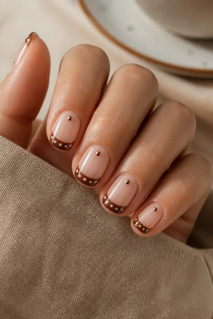 Short nails with sheer base. French tips are glossy brown with polka dots across the tip line. Near the cuticle, there are tiny single dot accents that look like micro studs in a similar brown-gold tone.