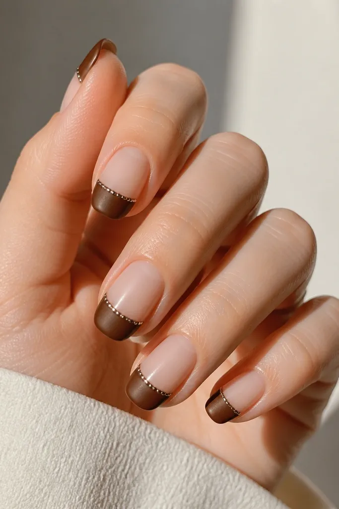 The French tips have a satin (soft matte) brown finish. Along the very edge of each tip, there's a dotted chrome line - tiny silver dots that follow the arc. The rest of the tip stays satin, not glossy.