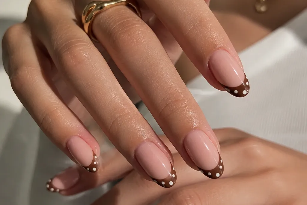 Cute twist brown polka dot french tip nails