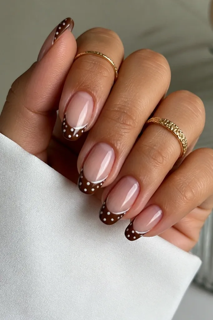 Cute twist brown polka dot french tip nails