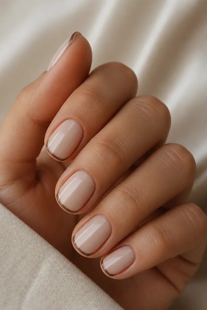 Short square nails painted milky nude. A very thin cocoa brown line hugs the free edge, with a tiny curved smile line visible at the very top of the tip.