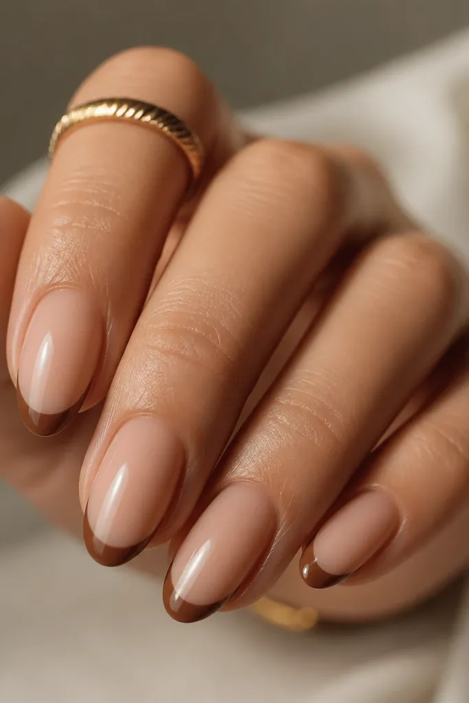 Medium almond nails. Sheer caramel nude base. Classic rounded French tips in caramel brown, evenly spaced, slightly thicker at the center of the smile curve.