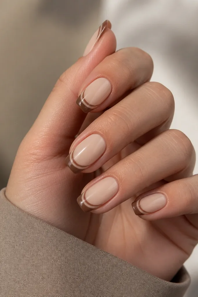 Nails are light beige nude. French tips are mocha brown with a second, thinner line inside the tip, closer to the center of the free edge.