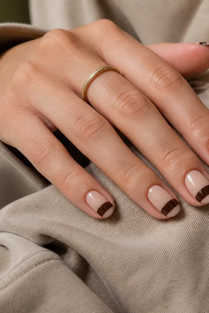 Nails have a sheer nude base. Instead of full brown at the tip, a curved espresso-brown band covers only the top half of the free edge, leaving a glossy nude crescent underneath.