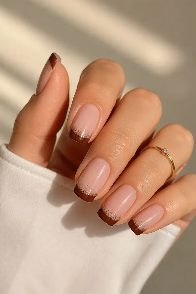 Nails are nude pink. French tips are dark chocolate brown. At the inner edge of the brown tip, there's a subtle micro glitter fade that gets lighter toward the center.
