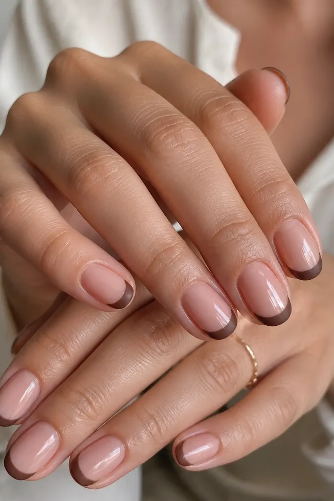 Short oval nails. Glossy sheer nude base. French tips in deep brown are matte, while the rest of the nail stays glossy and reflective.