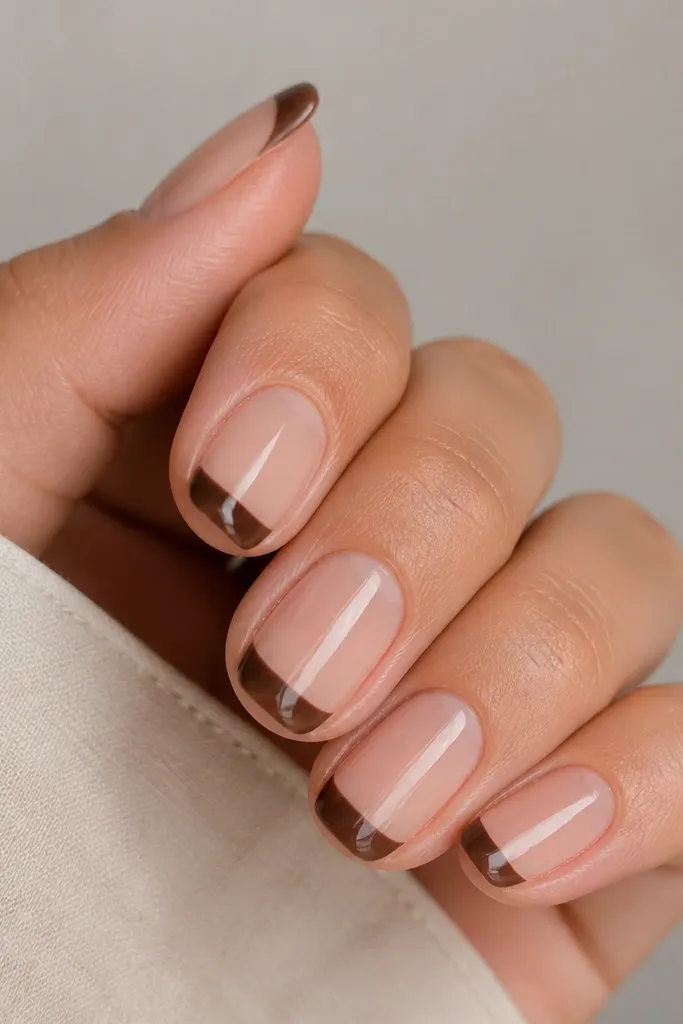 Nails are clear nude. The French tip is umber brown, but the band stops halfway down, leaving the lower half of the tip area transparent and glossy.