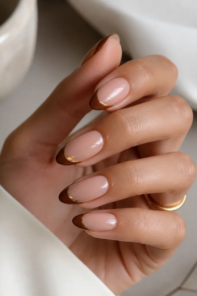 Medium almond nails. Sheer warm nude base. Chestnut brown French tips with one small gold foil flick near the center of each tip.