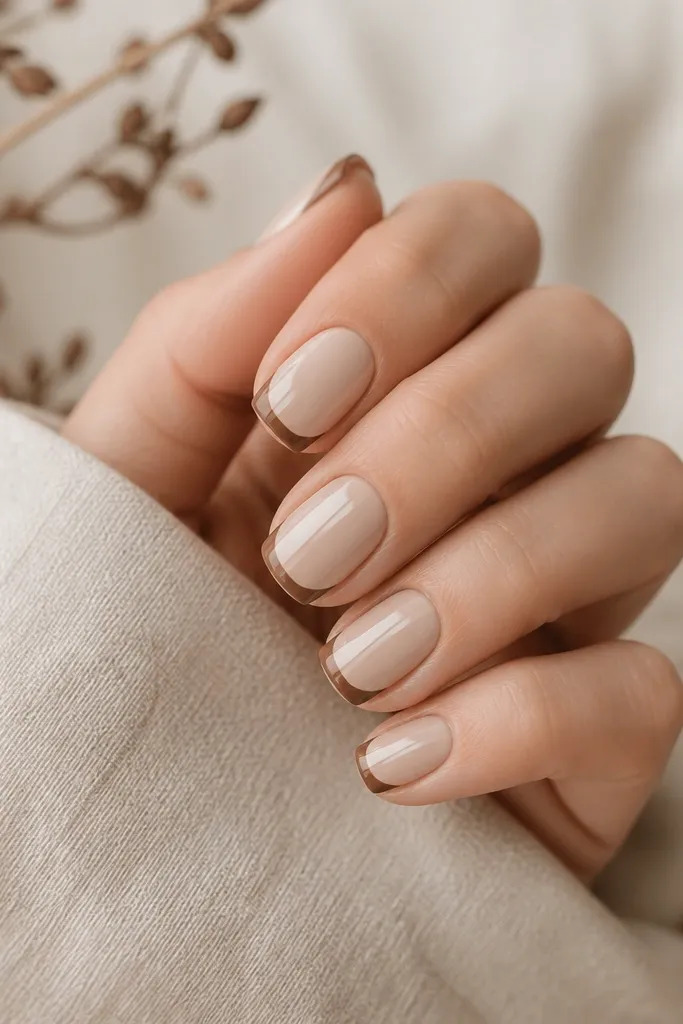 Nails are beige nude. French tips are walnut brown. At each side corner of the tip, there's a small diagonal accent in lighter taupe forming a subtle V shape.