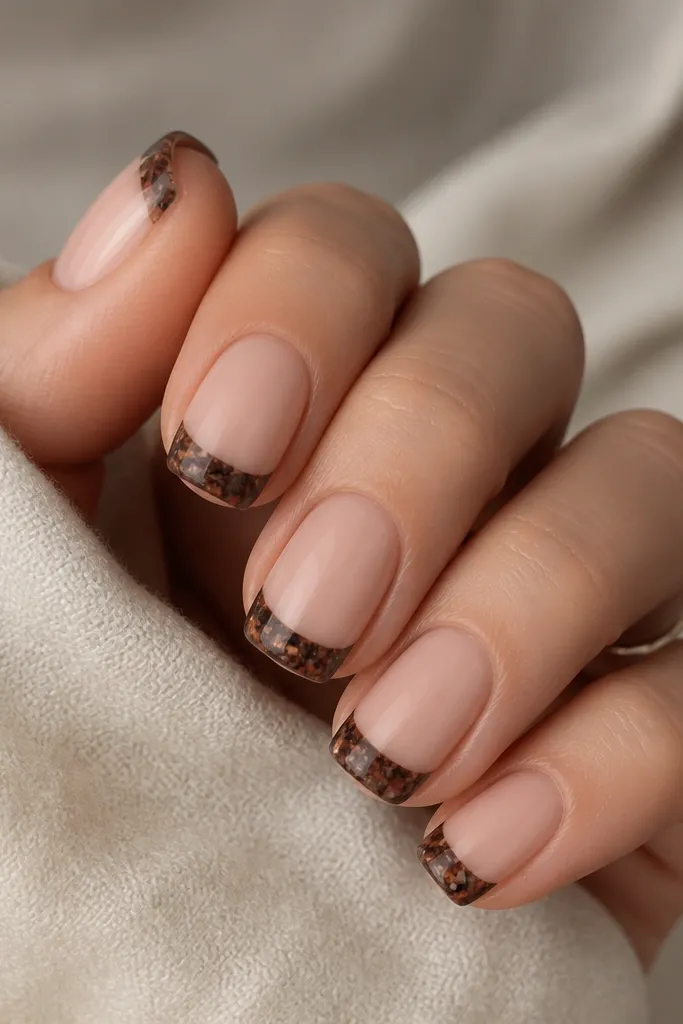 Short squoval nails. Glossy nude base. Chocolate brown French tips with tiny specks of muted tan and rust that look like dried flower fragments.