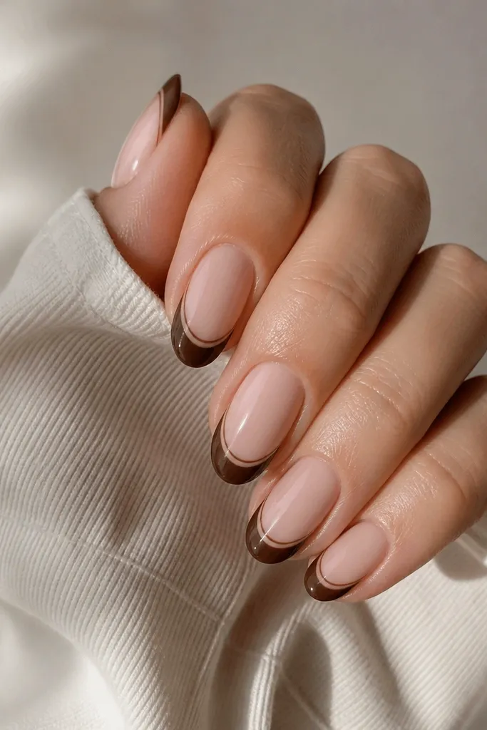 Nails are sheer nude. French tips are filled dark brown. Around the edge of the tip, there's a thin hand-drawn outline line in a slightly lighter brown, following the curve like a sketch.