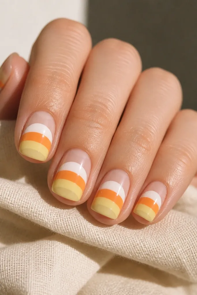 Five short nails in nude base. On each nail, the bottom half shows three clean color blocks: pale yellow at the very tip, orange in the middle, and white closest to the cuticle, shaped like a half-moon.