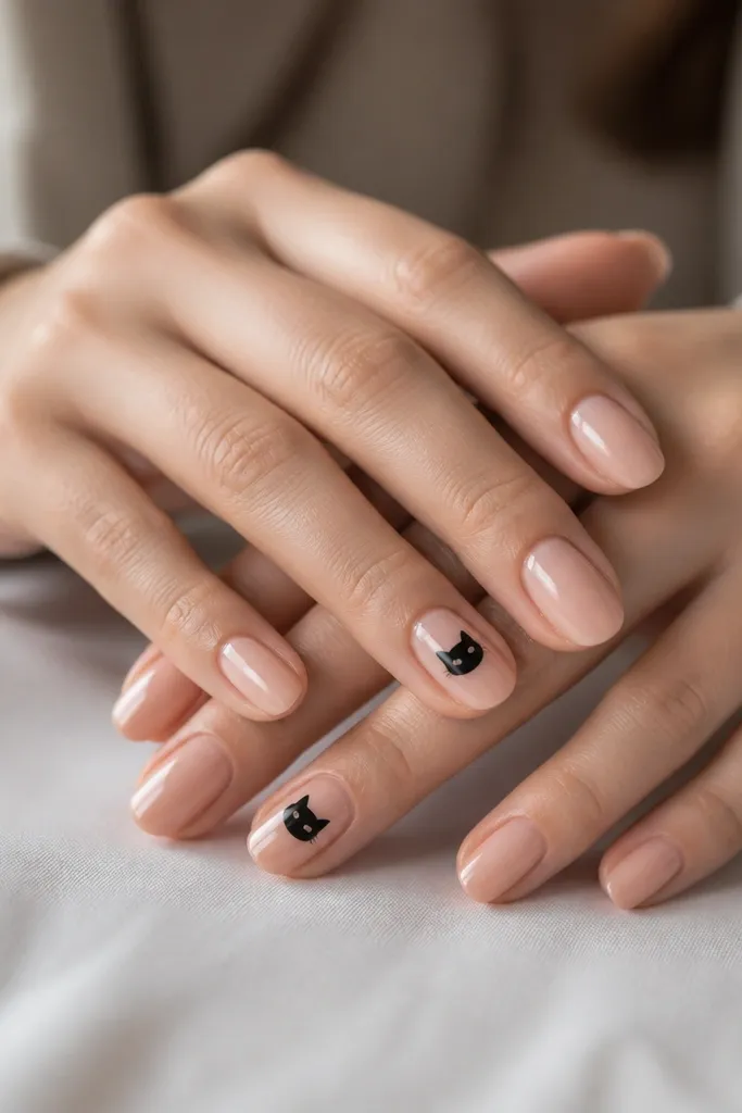 Two accent nails show a tiny black cat face silhouette centered near the middle of the nail. The rest of the nails are sheer nude with a glossy finish.