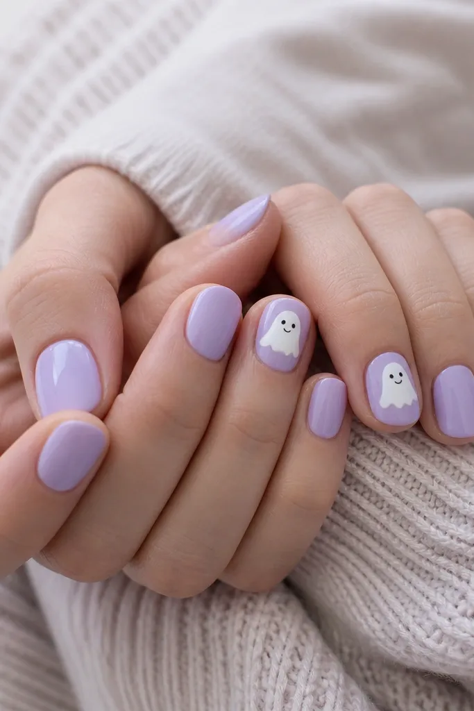 Short rounded nails in pale lavender. On two nails, a simple white ghost shape sits centered with a single dot eye on each ghost and a small curved smile.