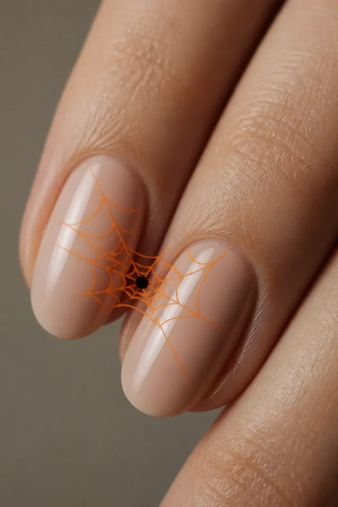 On a nude base, a web pattern forms a thin spider web at the center of two nails. The web lines are orange with fine black dots at the center.