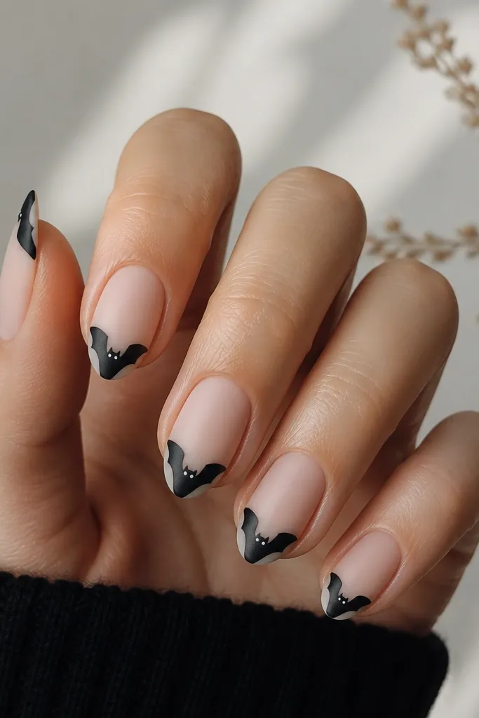 Nude nails with a small matte black bat wing at each tip. The bat wings are angled like they're flapping, with two tiny white eye dots.