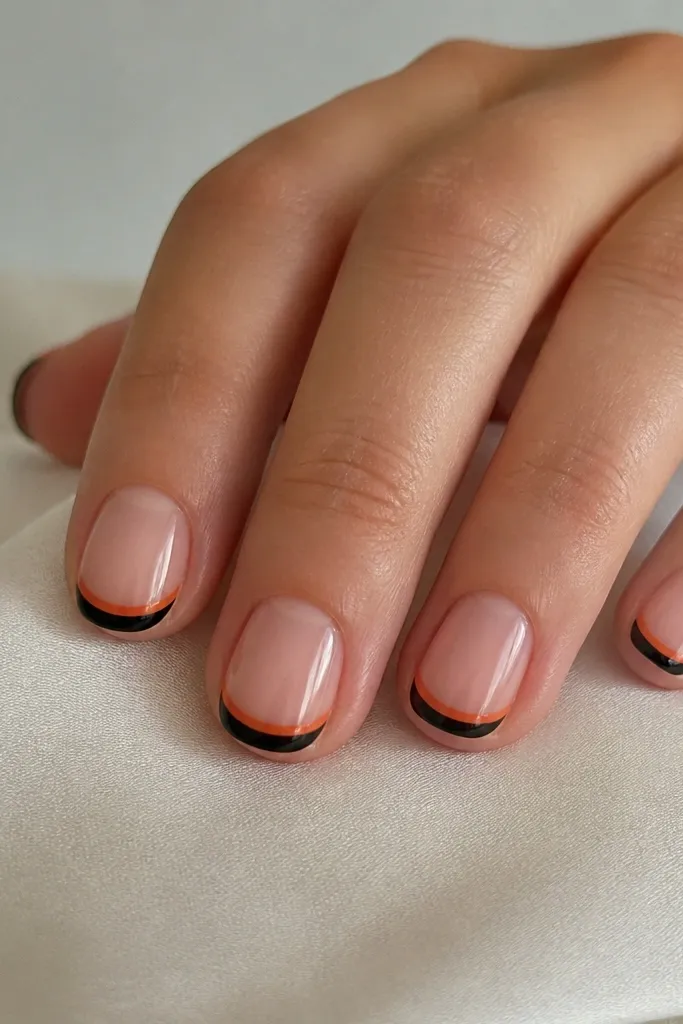 A classic French manicure shape on short nails: black tips with a thin orange line underneath the smile curve. The rest of the nail is sheer pink.