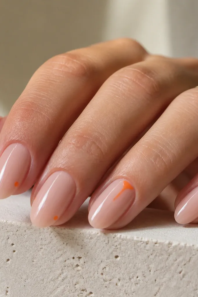 Sheer nude nails with one accent nail showing a small orange drip starting near the cuticle and falling about 1/3 of the nail. Other nails have a single orange dot near the side.