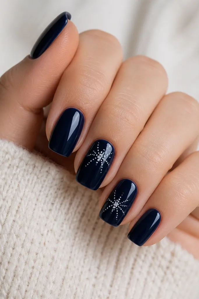 Dark navy nails with a small cluster of white dots arranged like a spider body and legs on two nails. The dots are crisp and evenly spaced.