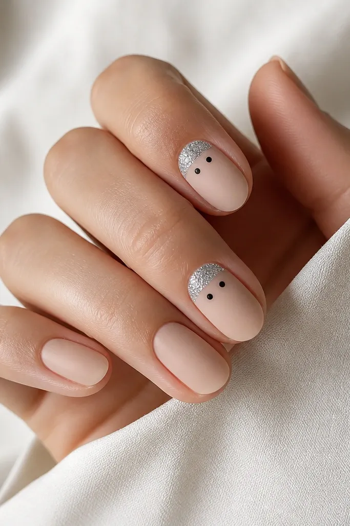 Nude nails with a small glittery silver cap shape at the top of two nails, like a mini skull hood. The rest of the nail is matte nude, eyes are tiny black dots.