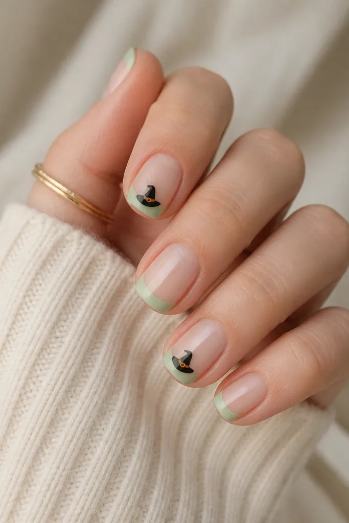 Short nails with pale green tips. On two nails, a tiny black witch hat sits at the tip with a white band line and a small orange buckle dot.