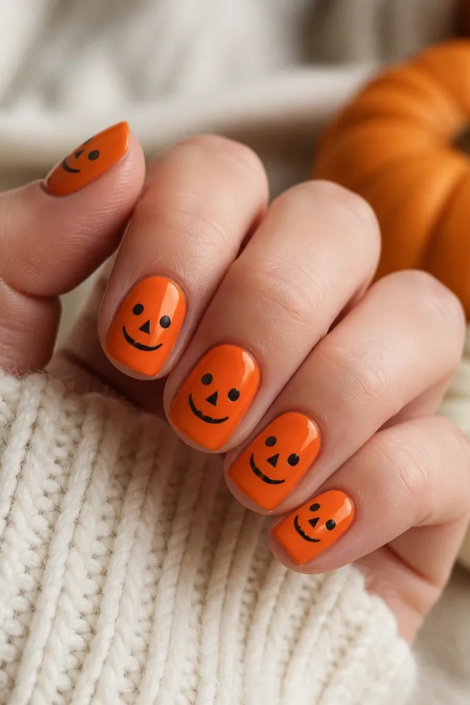 Orange nails with simple jack-o-lantern faces. Each face has two black dot eyes and a triangular black nose, with a curved smile made of one continuous line.