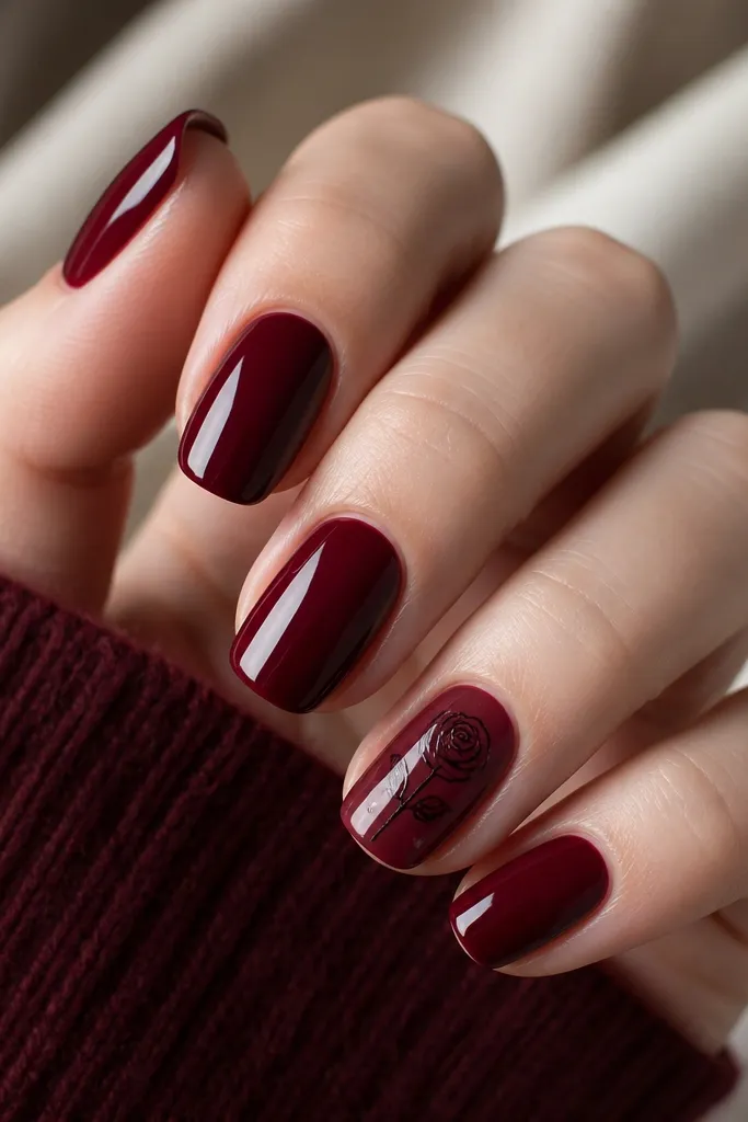 Deep burgundy nails with one accent nail showing a black rose outline at the center, plus two tiny white dots like dew drops.