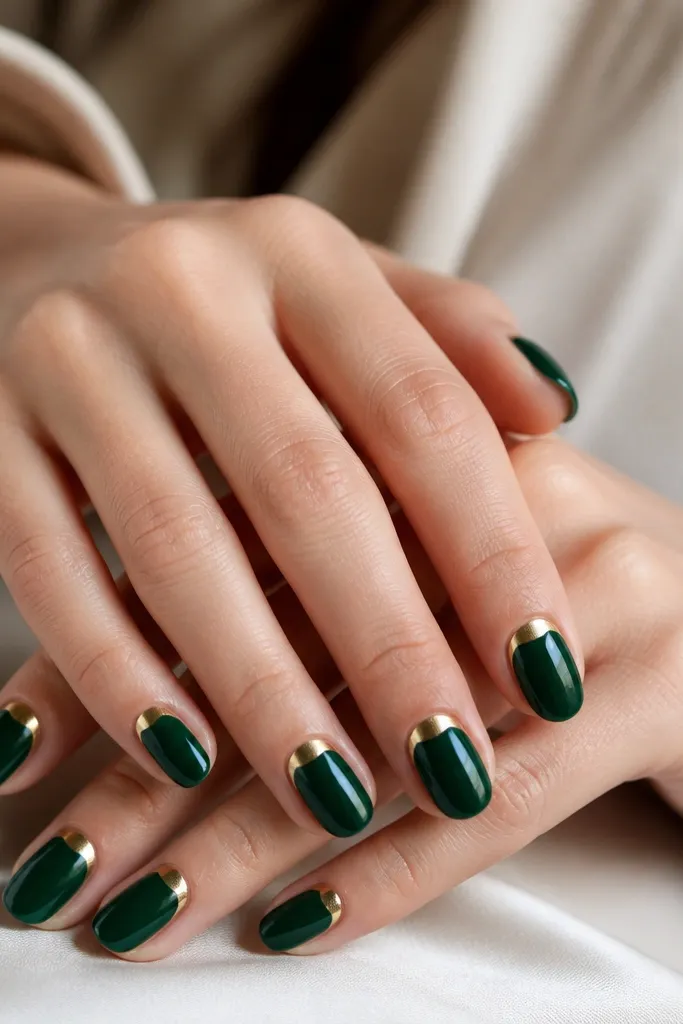 Hands with short oval nails painted deep emerald green. At each cuticle there is a smooth gold crescent, like a tiny moon, with a glossy top coat reflecting light.