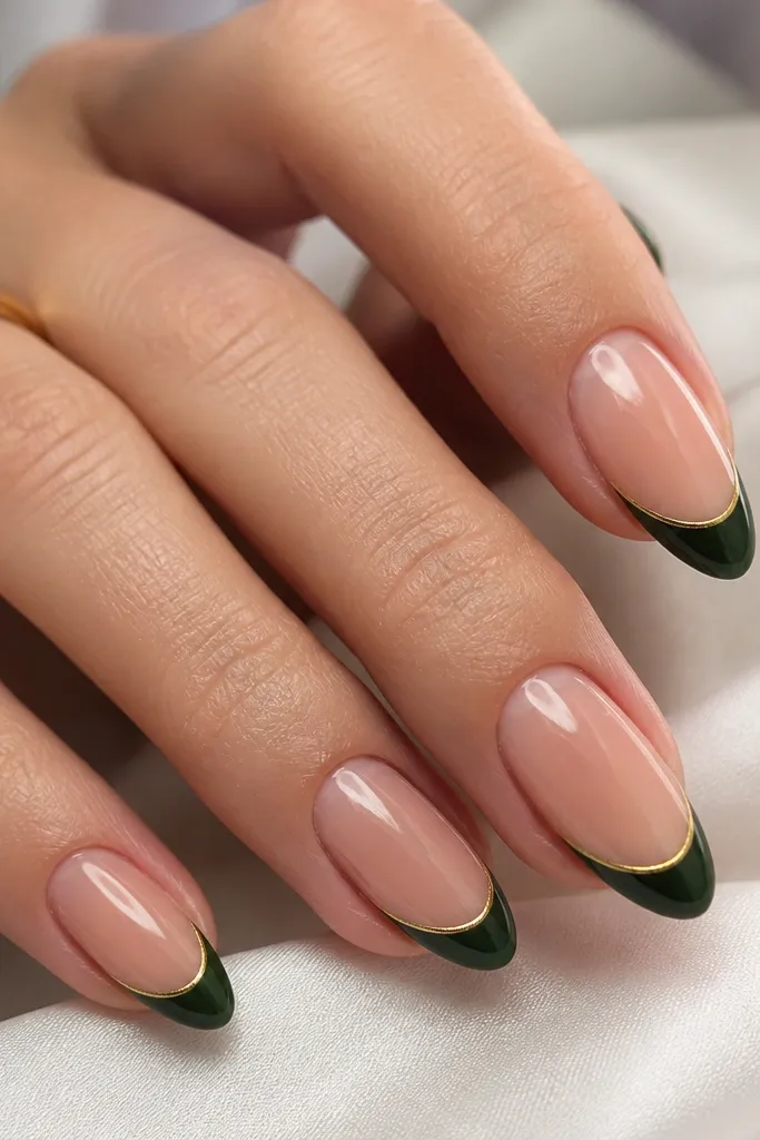 Medium almond nails with forest green French tips. Just inside each green tip is a hairline gold stripe running parallel to the smile line, all under a high-gloss shine.
