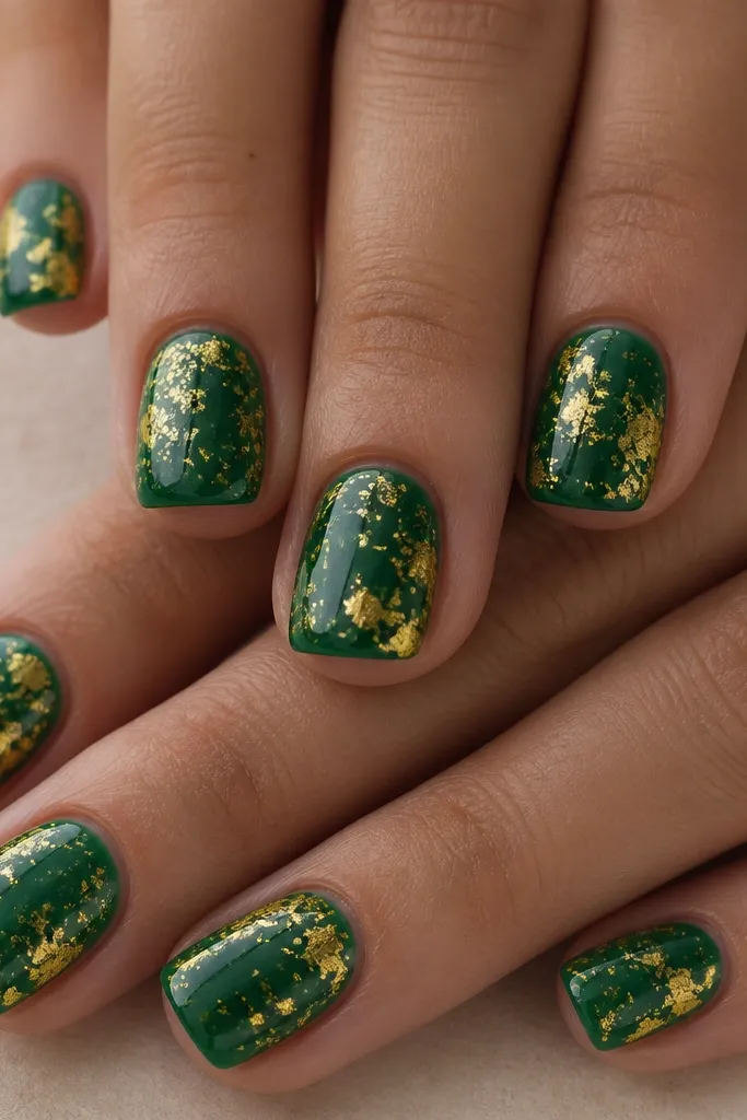 Short square nails with a translucent emerald jelly base. Irregular gold foil pieces look like splashes concentrated near the center and edges, with glossy shine.