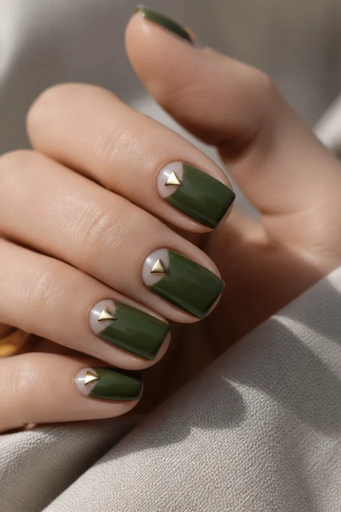 Nails painted olive green with a clear half-moon near the cuticle on each nail. In the top corner of the half-moon area, there are mirror gold triangles, sharp and reflective.