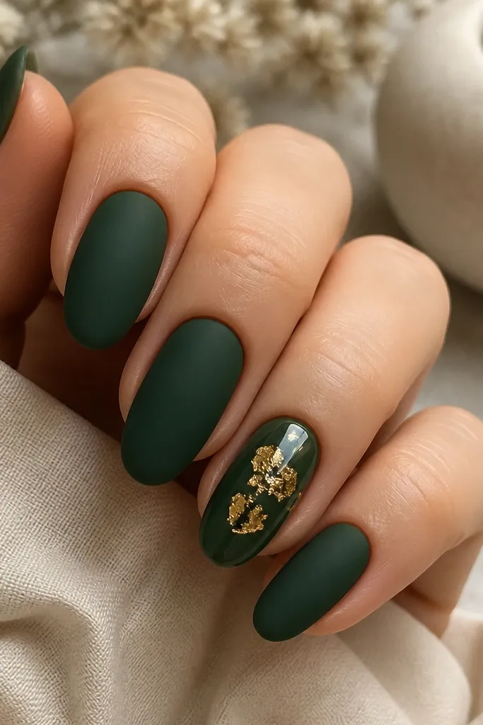 A set where four nails are deep green with a soft, velvety matte finish and one accent nail is glossy. On the accent nail, gold leaf is placed in a loose cluster near the center.
