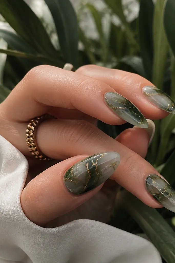 Long almond nails with moss green marble swirls. Thin gold thread-like lines run through the marble, crossing lightly but staying mostly in the center.