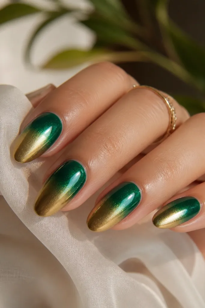 Nails with a jewel green gradient from cuticle to mid-nail. The tips fade into metallic gold, with a soft blend and glossy top coat.