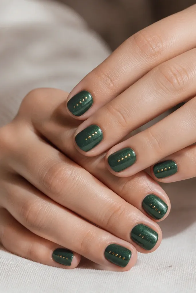 Short round nails painted with a shimmering green base. Near the center of each nail are tiny micro gold dots in a loose vertical line, neat and evenly spaced.
