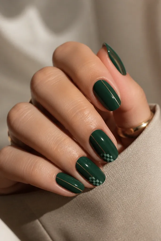 Nails painted a deep green. On two nails, the tip area has a small checker pattern in alternating green shades. A thin gold stripe runs down the side on every nail.