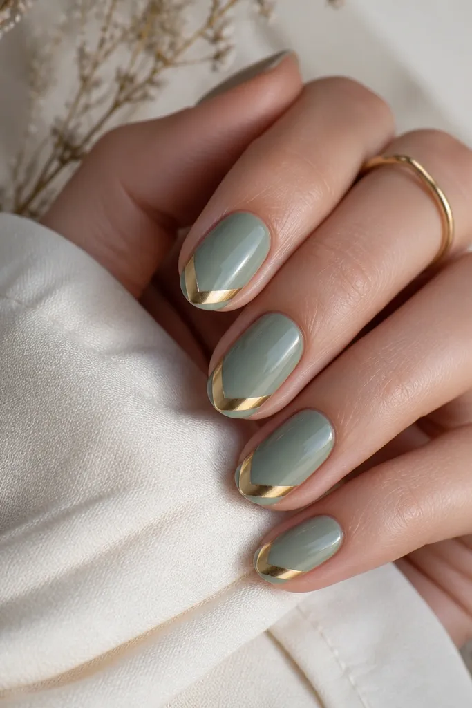 Sage green nails with a gold V shape at the tips. The V points toward the center of the nail and sits on the curved edge, crisp and symmetrical.