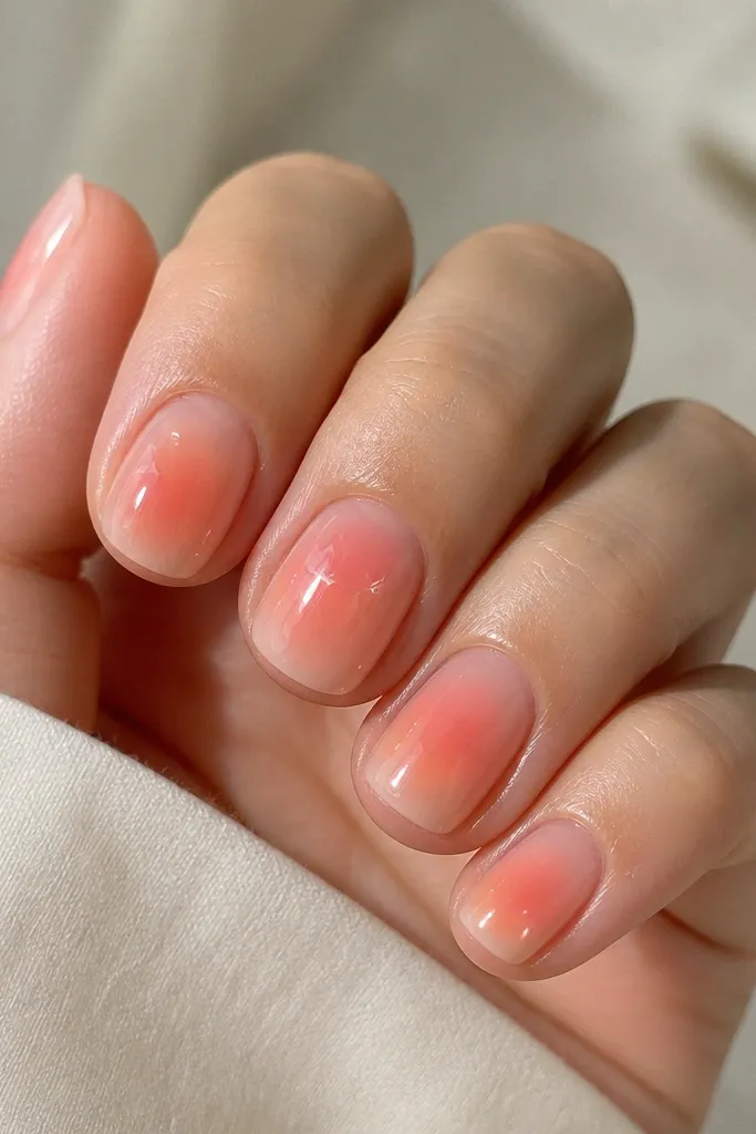 A set of short, glossy nails. Each nail shows a soft orange-to-rose aura centered in the middle, with a pale peach glow at the center. Two nails have tiny white star dots near the top third, and everything has a smooth glassy shine.