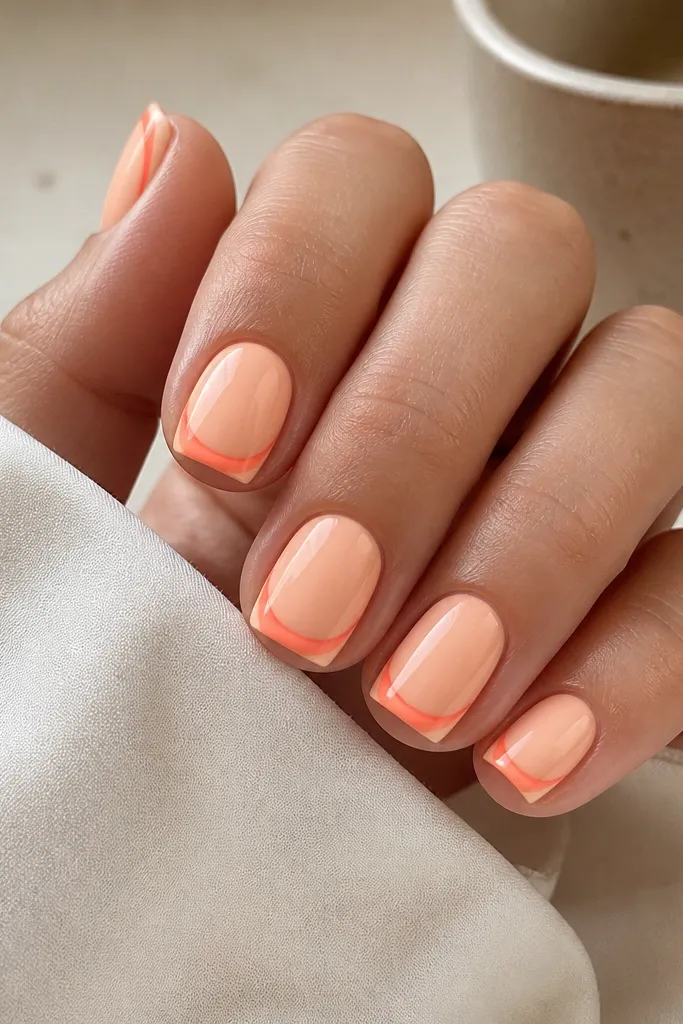 Short nails with a soft aura that sits behind the French tip. The tip area has an orange-to-coral fade, while the middle of each nail glows pale peach. The nail edges look sharply defined and neat.