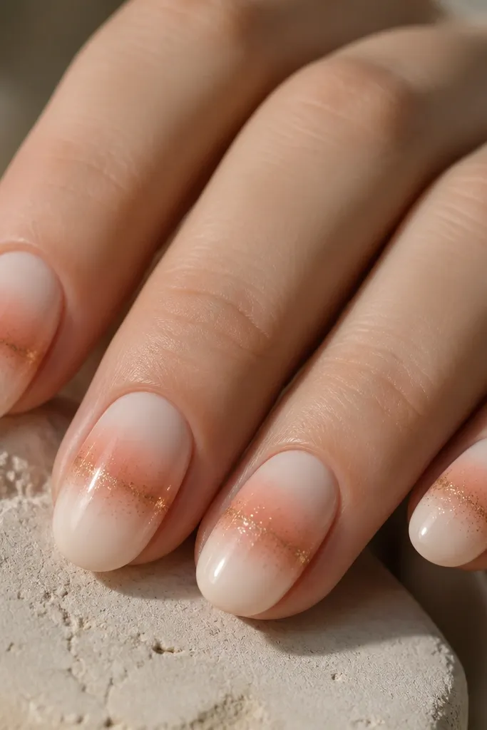 Milky nude nails with a soft rose-orange aura across the middle. One thin line of gold glitter runs horizontally like a horizon near the center, with a glitter fade on both sides.