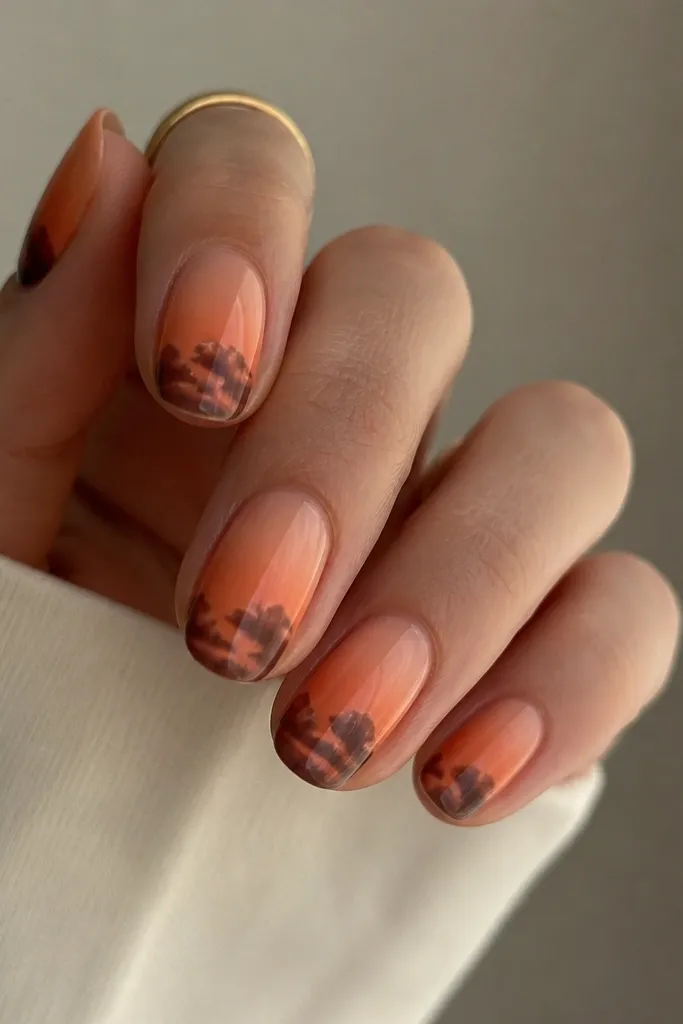 Nails with a soft orange and coral aura. A cloud silhouette is stamped in dark brown/black near the bottom third, with the top portion left hazy like a sky.