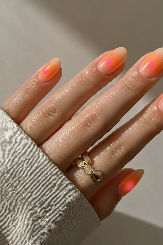 Glowy nails with a tangerine orange aura across the middle. A neon pink dot sits dead-center on each nail, surrounded by a faint soft halo.