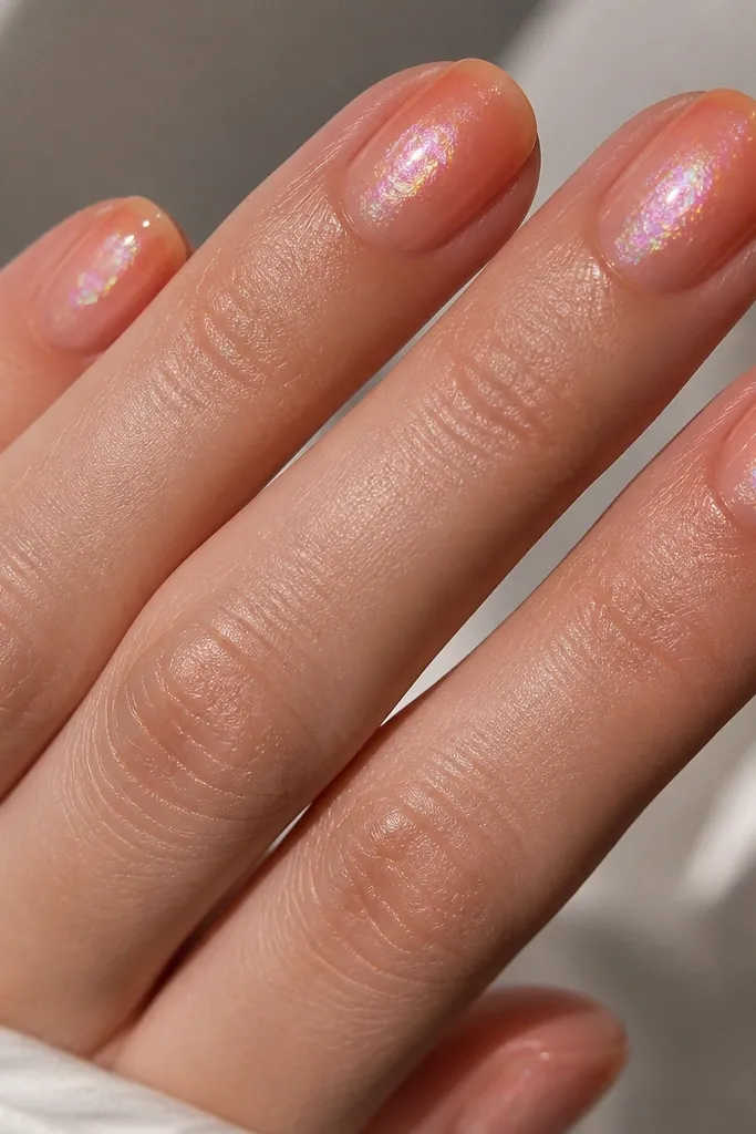 Nails with soft orange and rose aura fading out from the center. Each nail has a tiny opal chrome patch right in the middle that flashes pink, gold, and white as the light moves.
