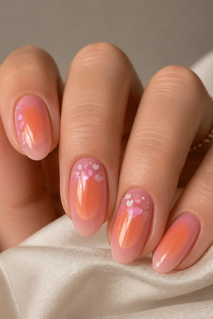 Glossy nails with a soft rose-to-orange aura centered in the middle. Two nails have tiny pink and white micro heart confetti scattered lightly near the top third.