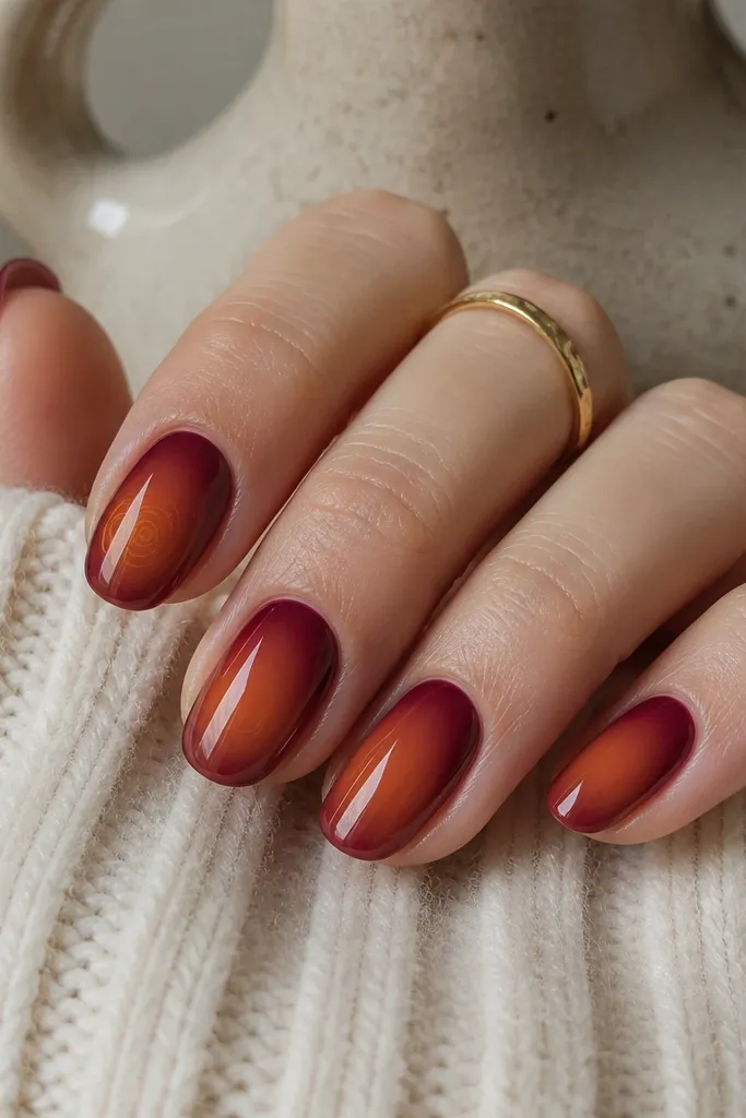 Nails with a deep berry aura at the edges and a warm orange glow in the center. One accent nail has a thin orange spiral line starting near the cuticle and curling toward the side.