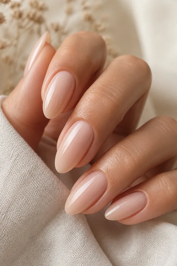 A set of almond nails in a milky beige-nude, semi-opaque with a subtle inner glow; glossy top coat reflects light; no gems, just clean nude color on all nails.