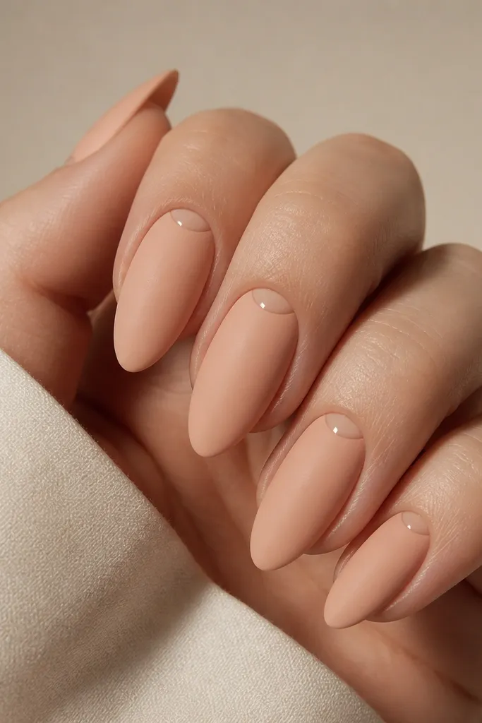 Almond nails in a warm peach-beige nude; a tiny glossy crescent sits right at the cuticle line on each nail; rest of the nail is smooth and matte-satin.